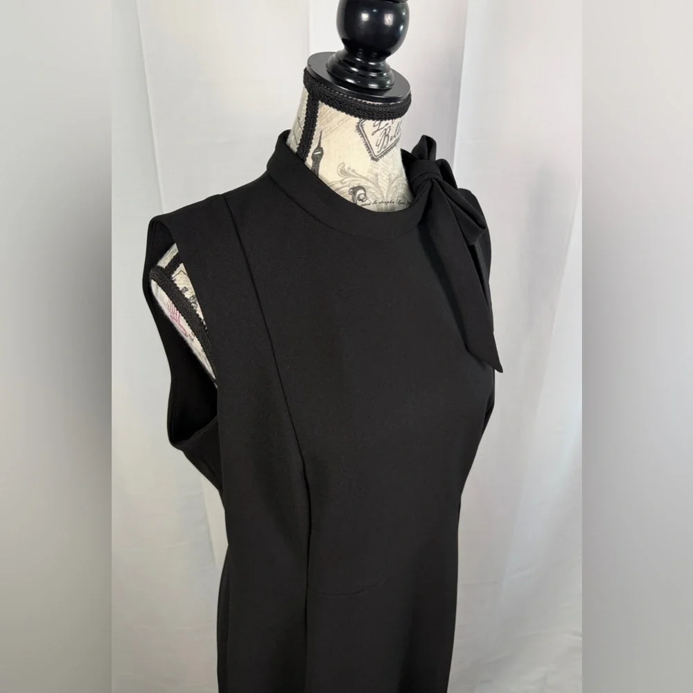Calvin Klein Black Midi Dress with Bow Tie at Neckline Backside Zip Up Size 12 - Picture 8 of 15